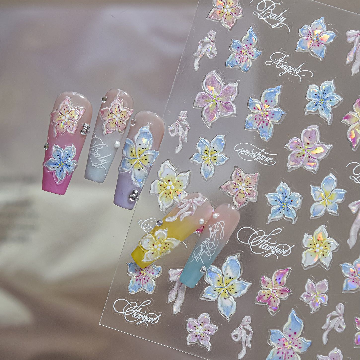 3D Tropical Flower Nail Stickers - Summer Hibiscus & Lily Decals 5958