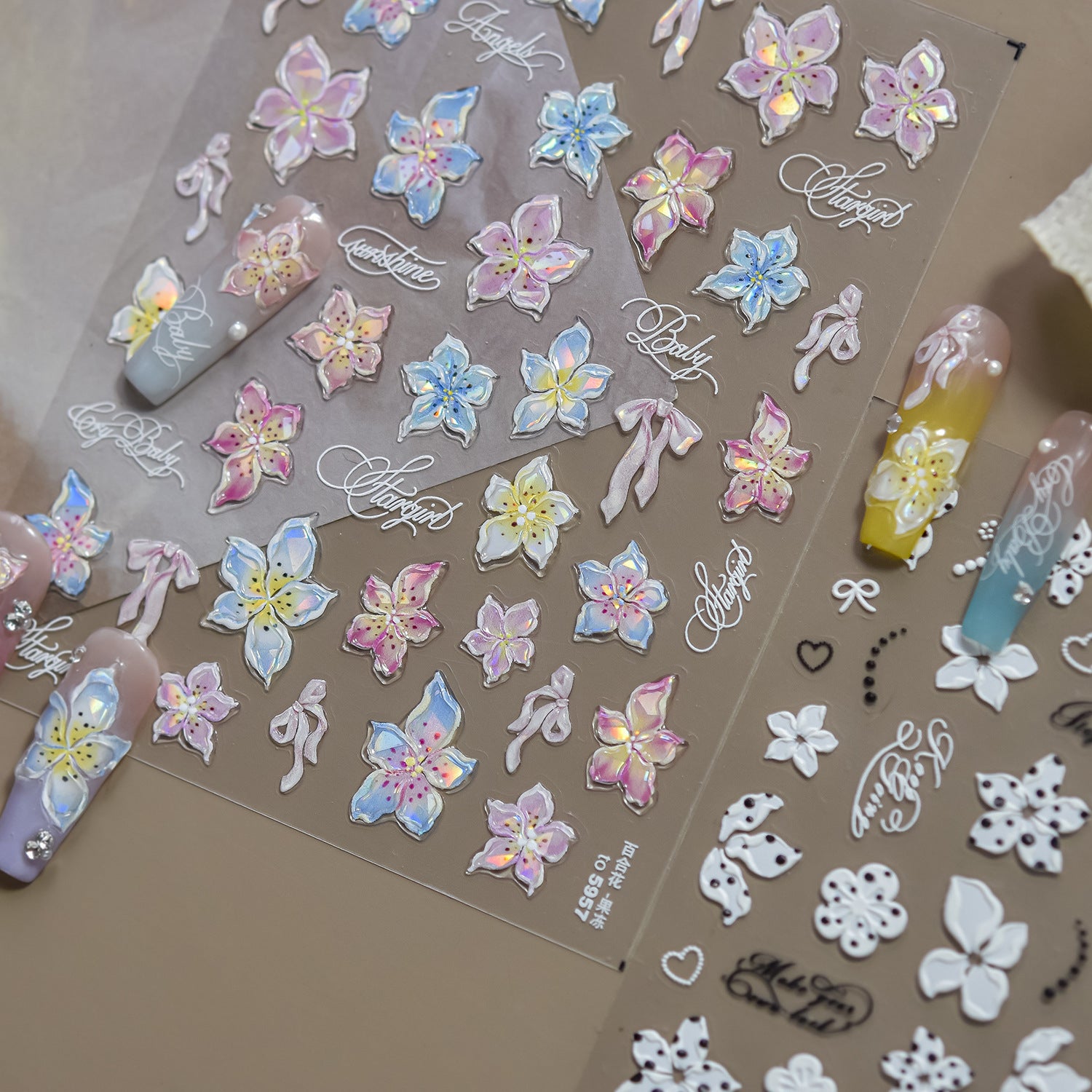 3D Tropical Flower Nail Stickers - Summer Hibiscus & Lily Decals 5958