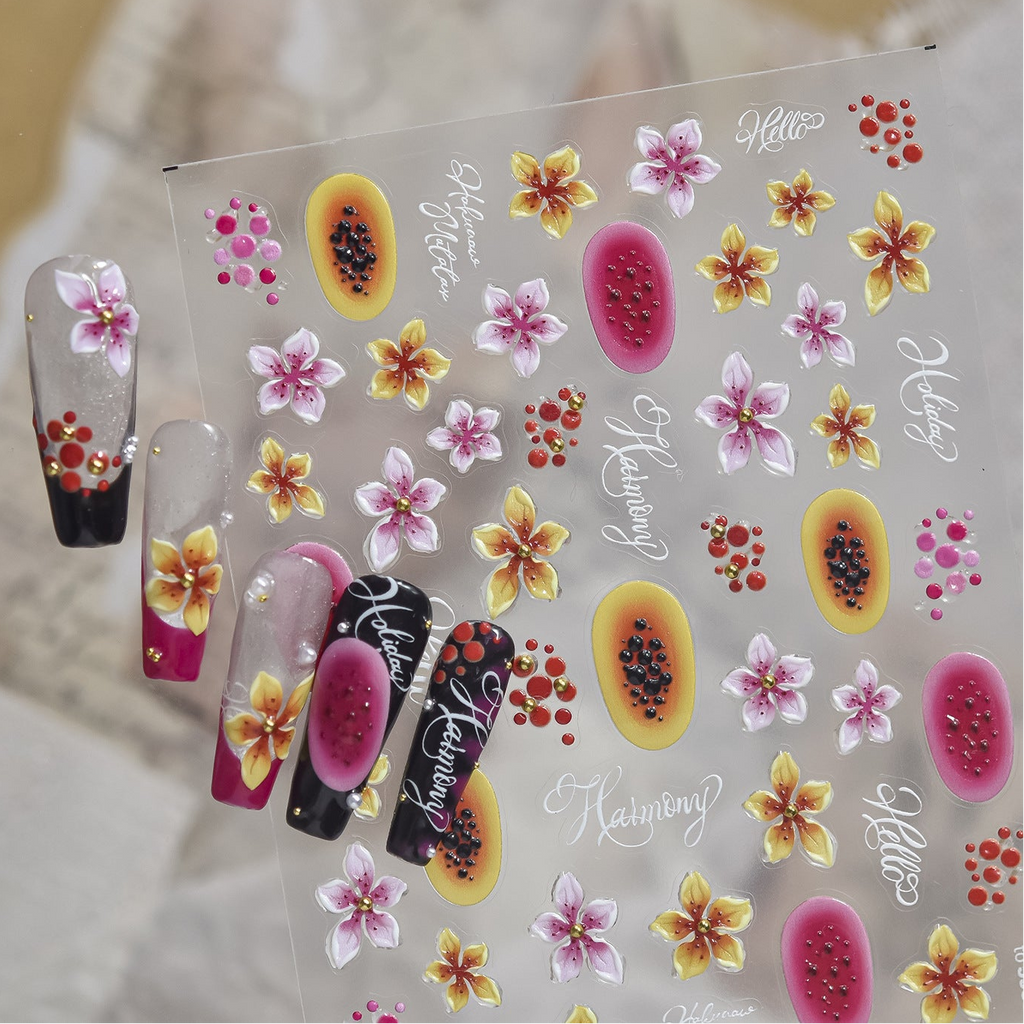 3D Tropical Flower Nail Stickers - Summer Hibiscus & Lily Decals 5958