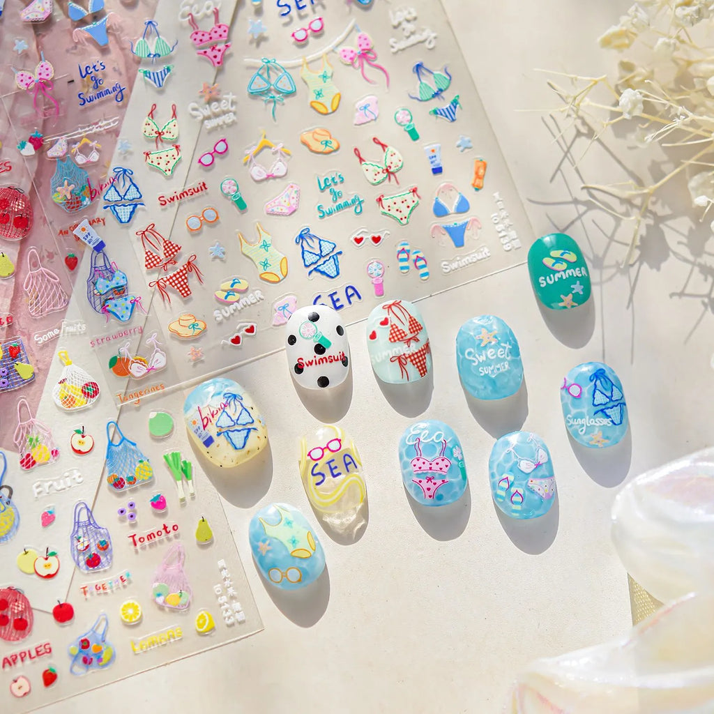 3D Ultra-Thin Beach Nail Stickers – Bikini, Sunglasses & Summer Nail Art Designs