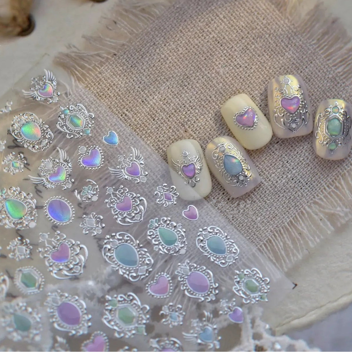 3D Vintage Aurora Gem Nail Stickers | Metal Baroque Frame & Jewel Decals MS797