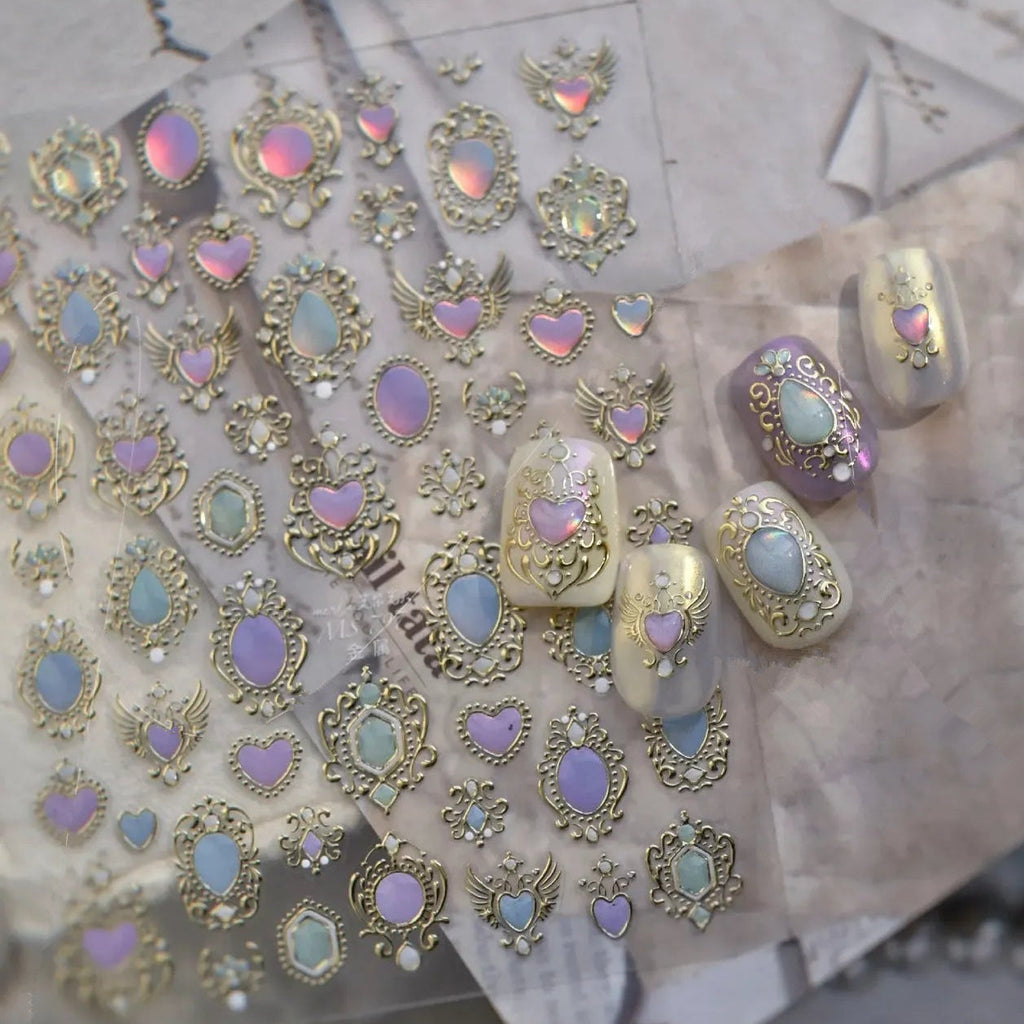 3D Vintage Aurora Gem Nail Stickers | Metal Baroque Frame & Jewel Decals MS797