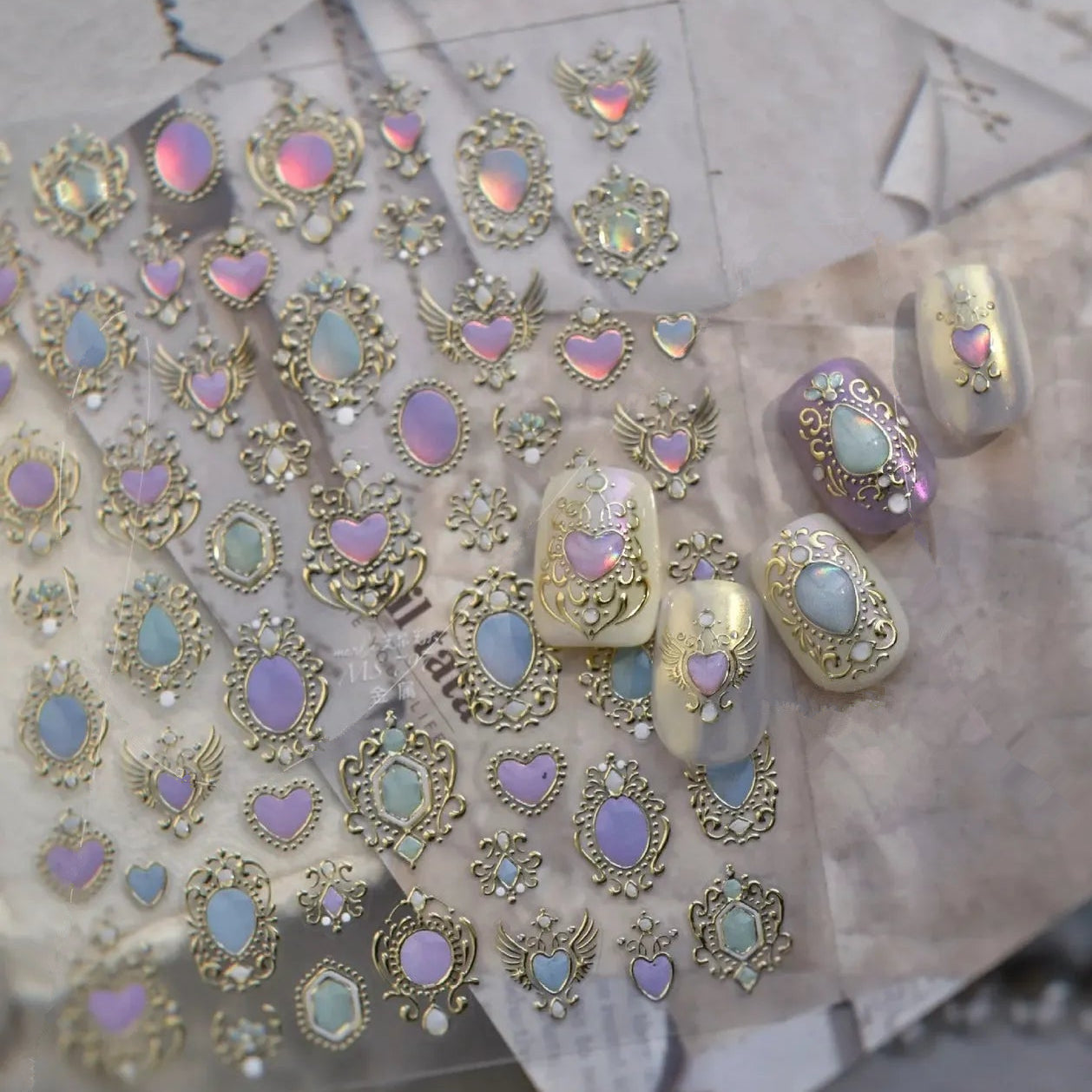 3D Vintage Aurora Gem Nail Stickers | Metal Baroque Frame & Jewel Decals MS797