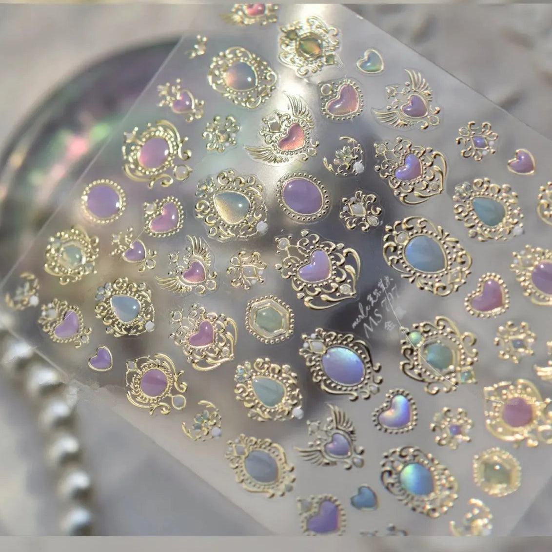 3D Vintage Aurora Gem Nail Stickers | Metal Baroque Frame & Jewel Decals MS797
