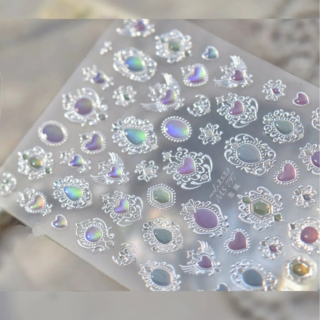 3D Vintage Aurora Gem Nail Stickers | Metal Baroque Frame & Jewel Decals MS797