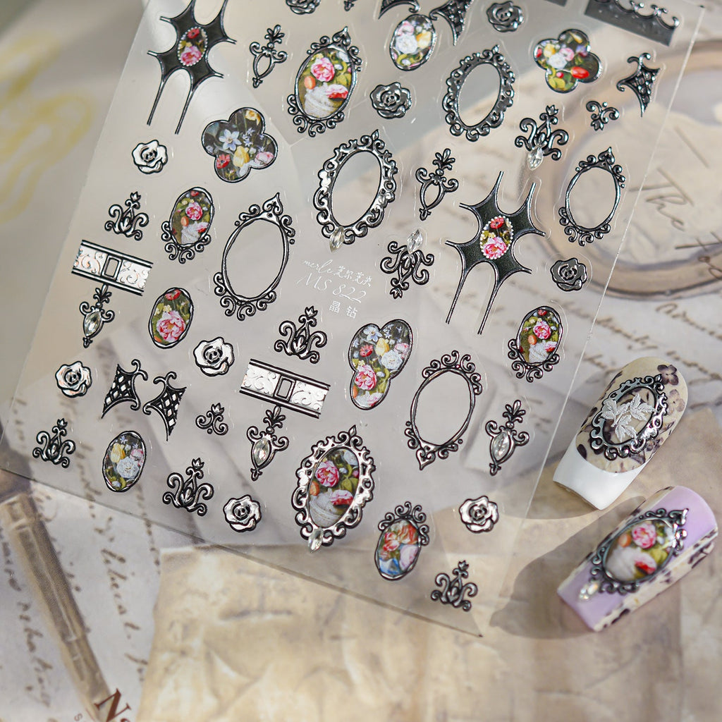 3D Vintage Baroque Nail Stickers Metallic Rose & Frame Decals
