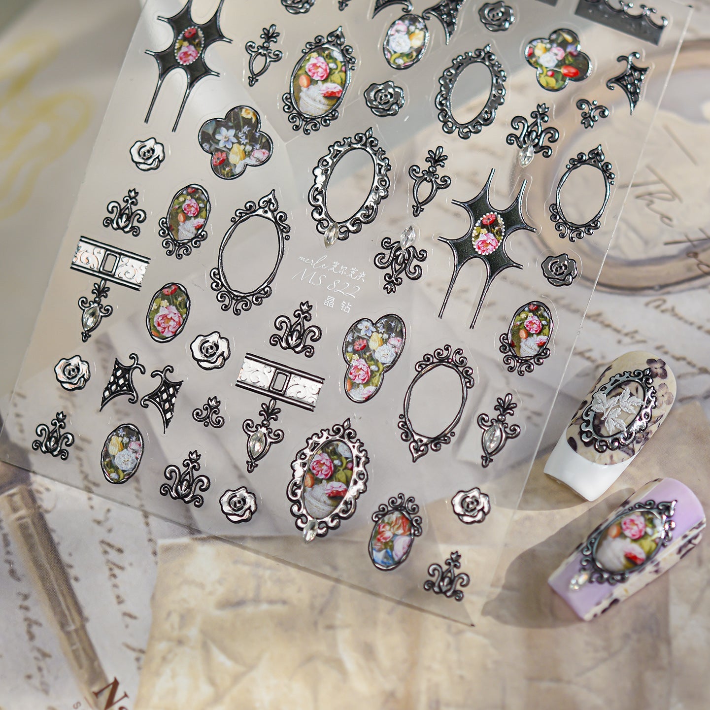 3D Vintage Baroque Nail Stickers Metallic Rose & Frame Decals