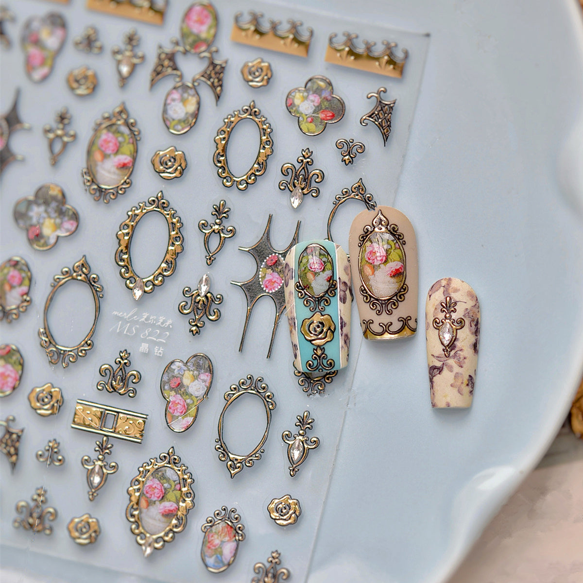 3D Vintage Baroque Nail Stickers Metallic Rose & Frame Decals