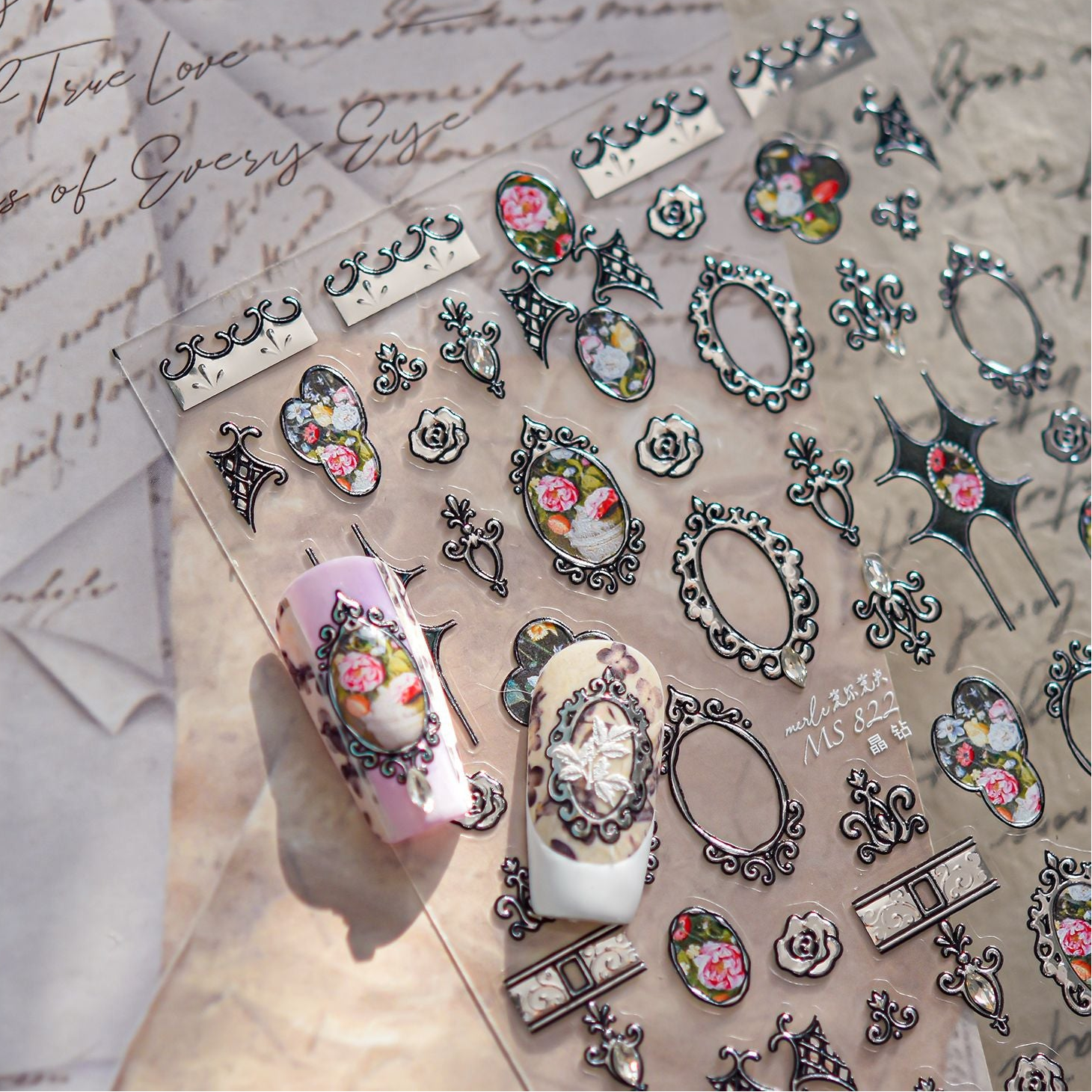 3D Vintage Baroque Nail Stickers Metallic Rose & Frame Decals