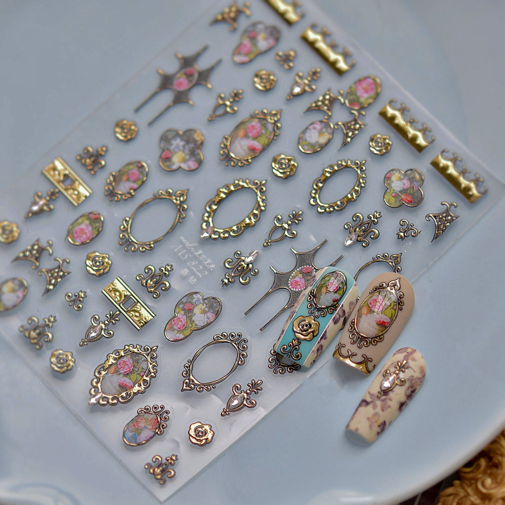 3D Vintage Baroque Nail Stickers Metallic Rose & Frame Decals
