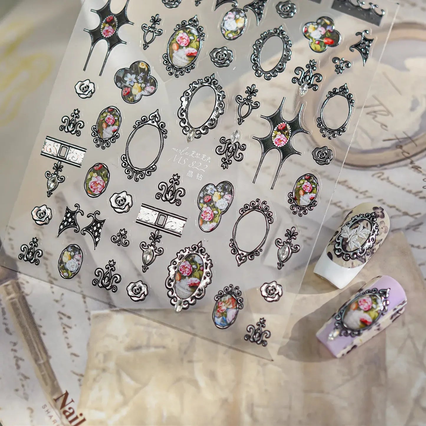 3D Vintage Baroque Nail Stickers Metallic Rose & Frame Decals MS822