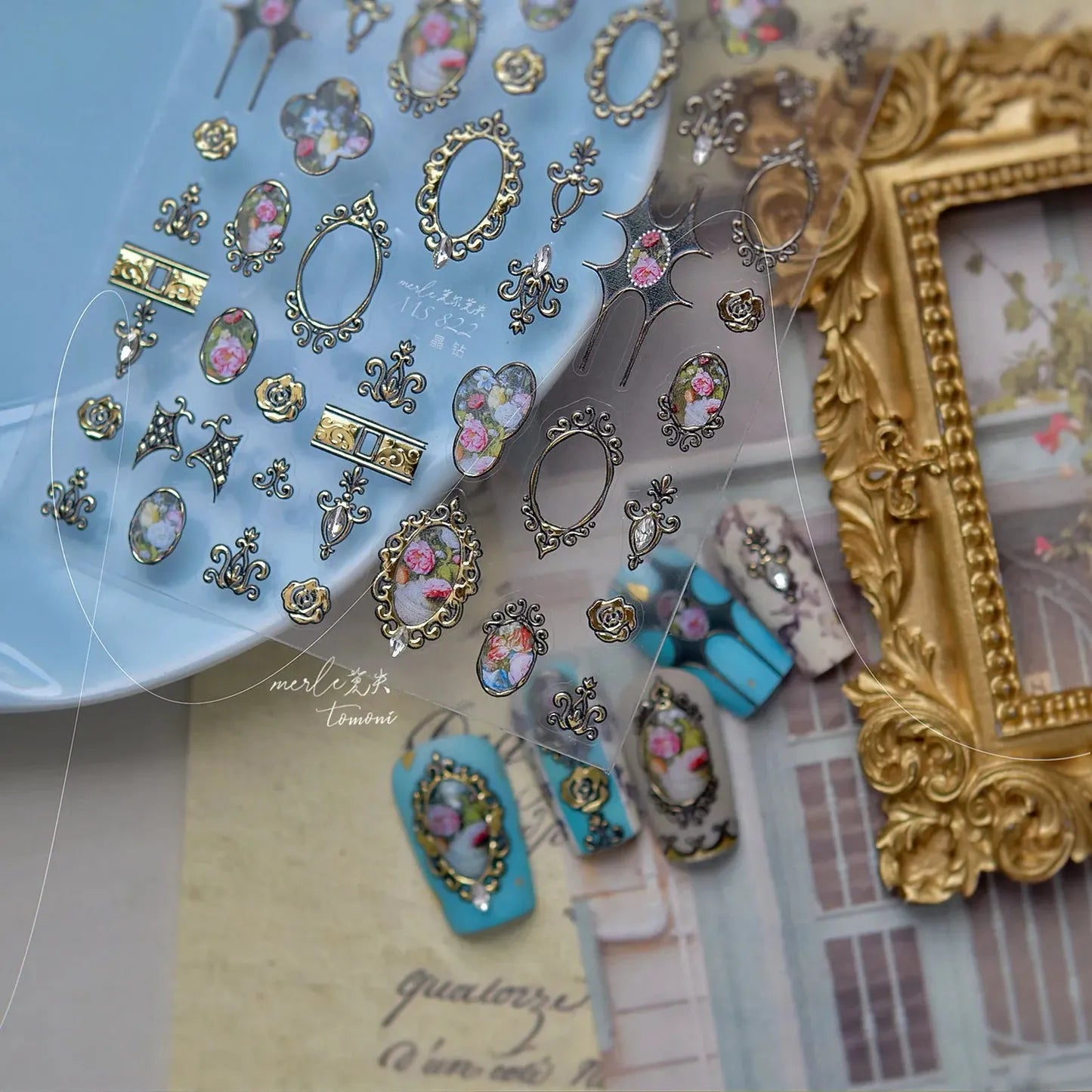 3D Vintage Baroque Nail Stickers Metallic Rose & Frame Decals MS822