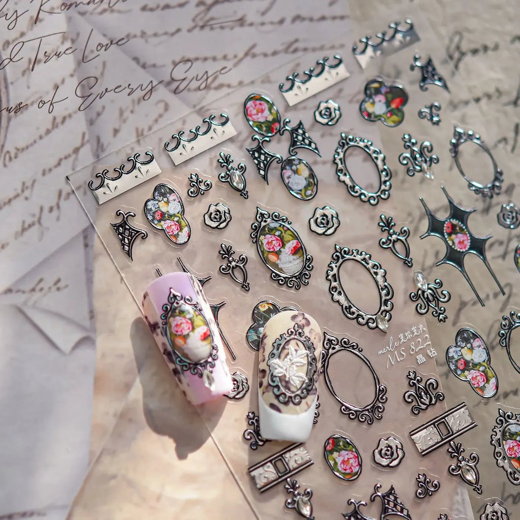 3D Vintage Baroque Nail Stickers Metallic Rose & Frame Decals MS822