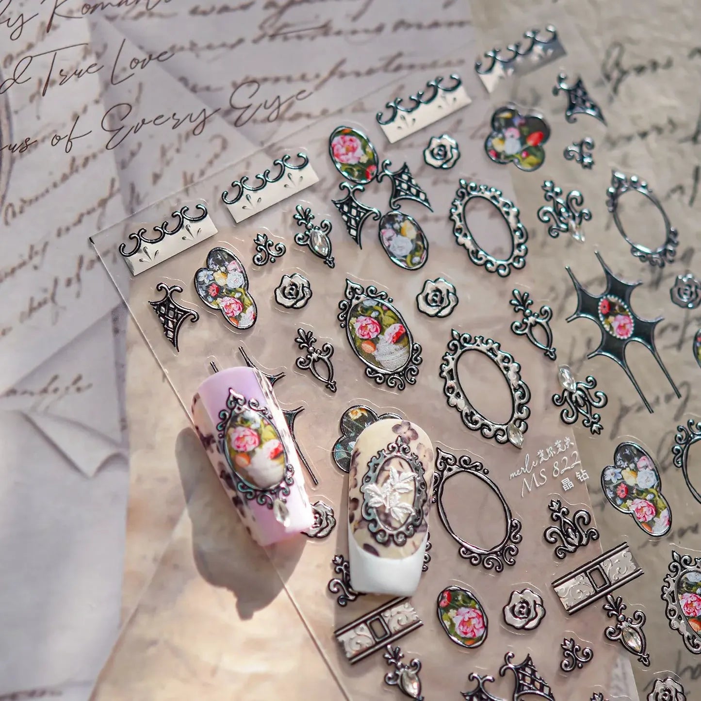 3D Vintage Baroque Nail Stickers Metallic Rose & Frame Decals MS822