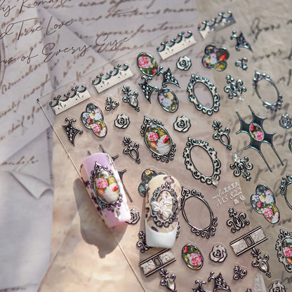 3D Vintage Baroque Nail Stickers Metallic Rose & Frame Decals MS822