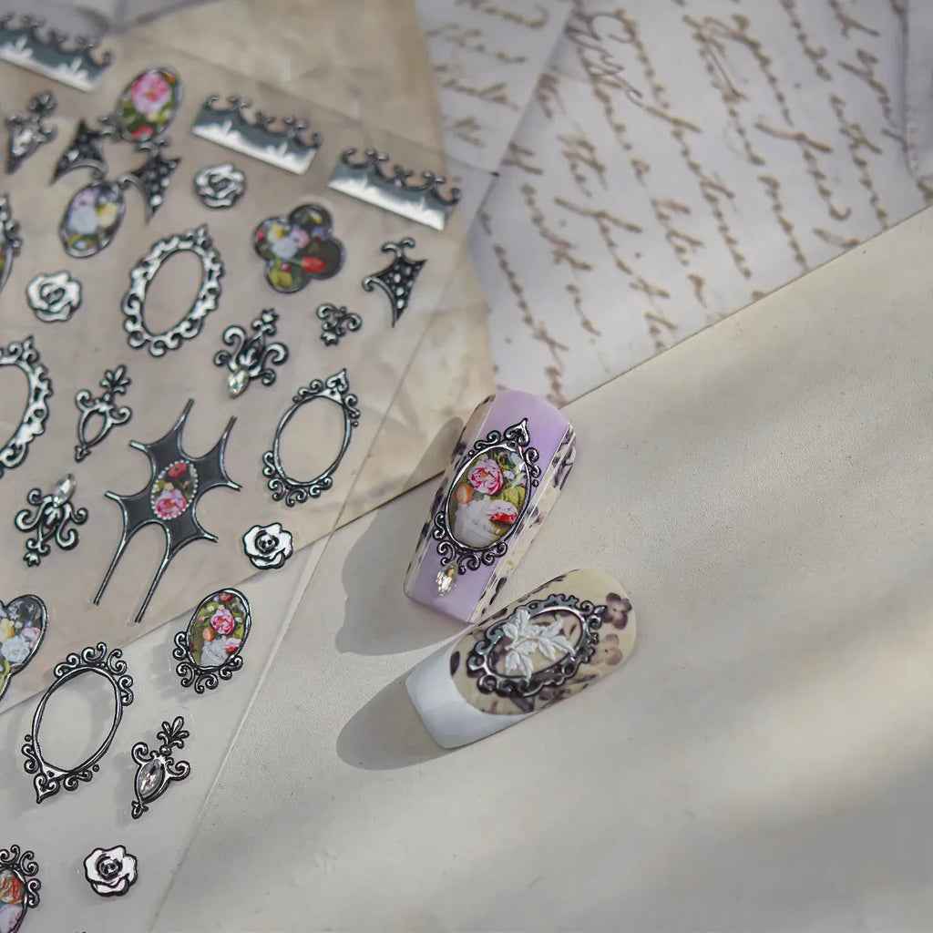 3D Vintage Baroque Nail Stickers Metallic Rose & Frame Decals MS822