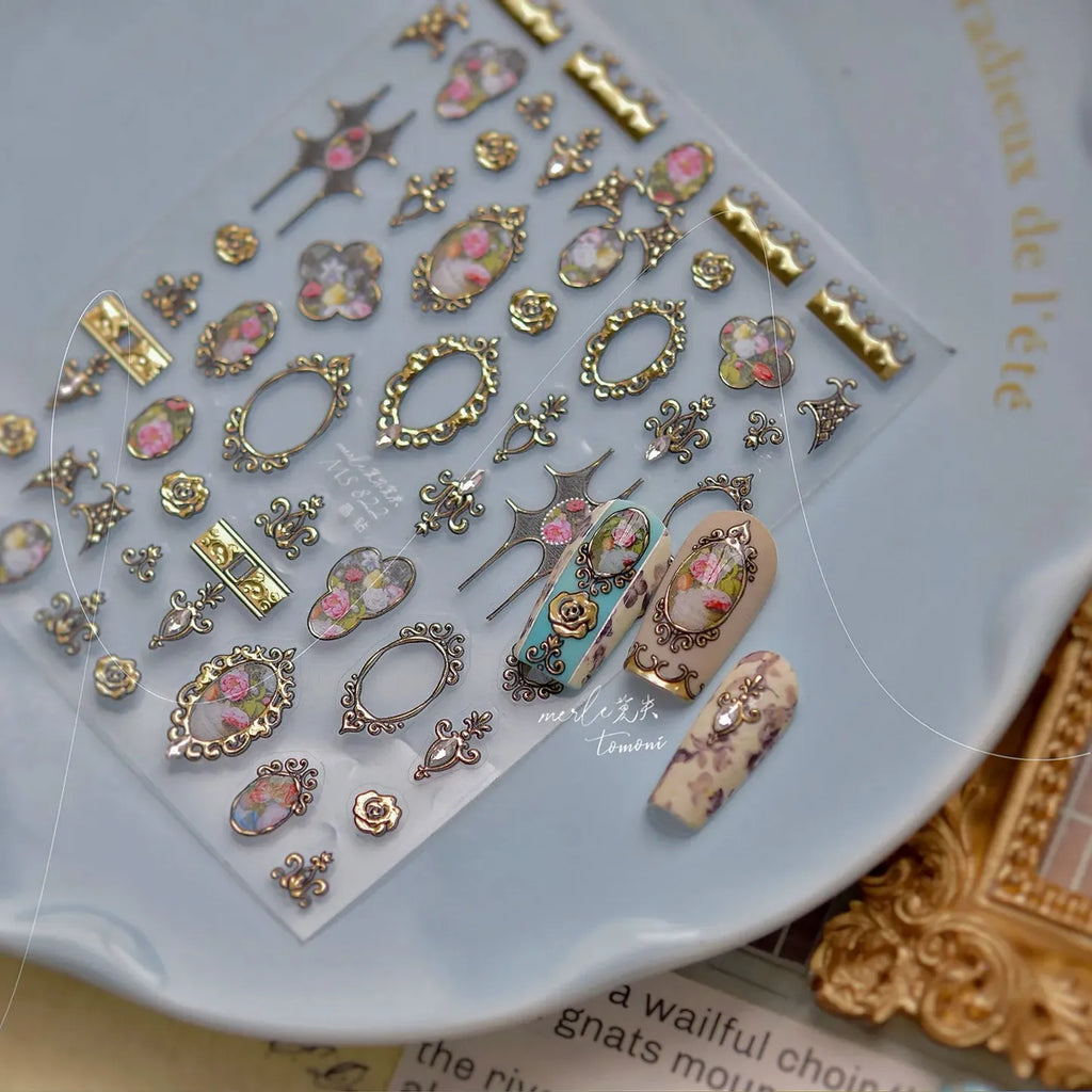 3D Vintage Baroque Nail Stickers Metallic Rose & Frame Decals MS822