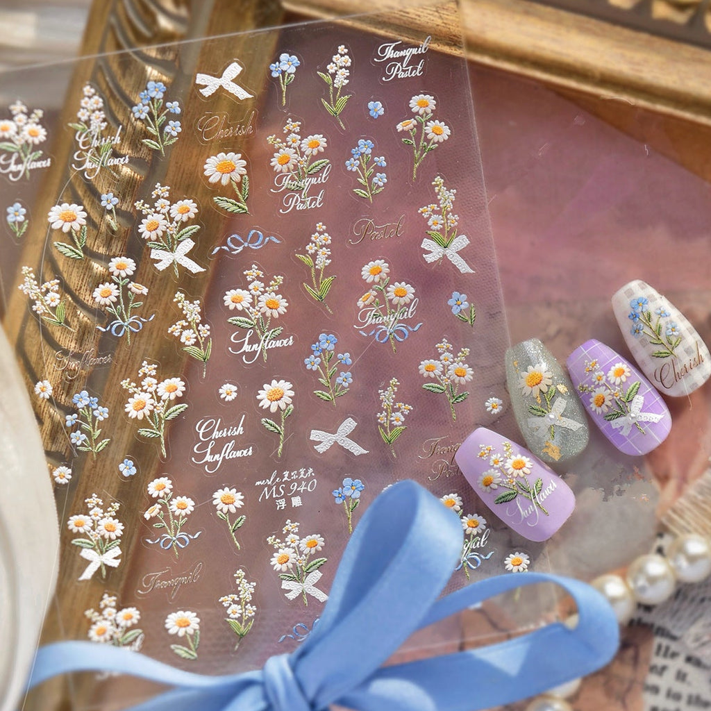 3D Vintage Pressed Floral Nail Stickers | Spring Flowers Decals MS939