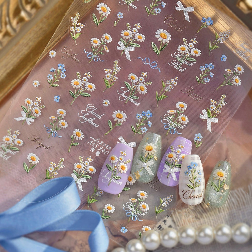 3D Vintage Pressed Floral Nail Stickers | Spring Flowers Decals MS939
