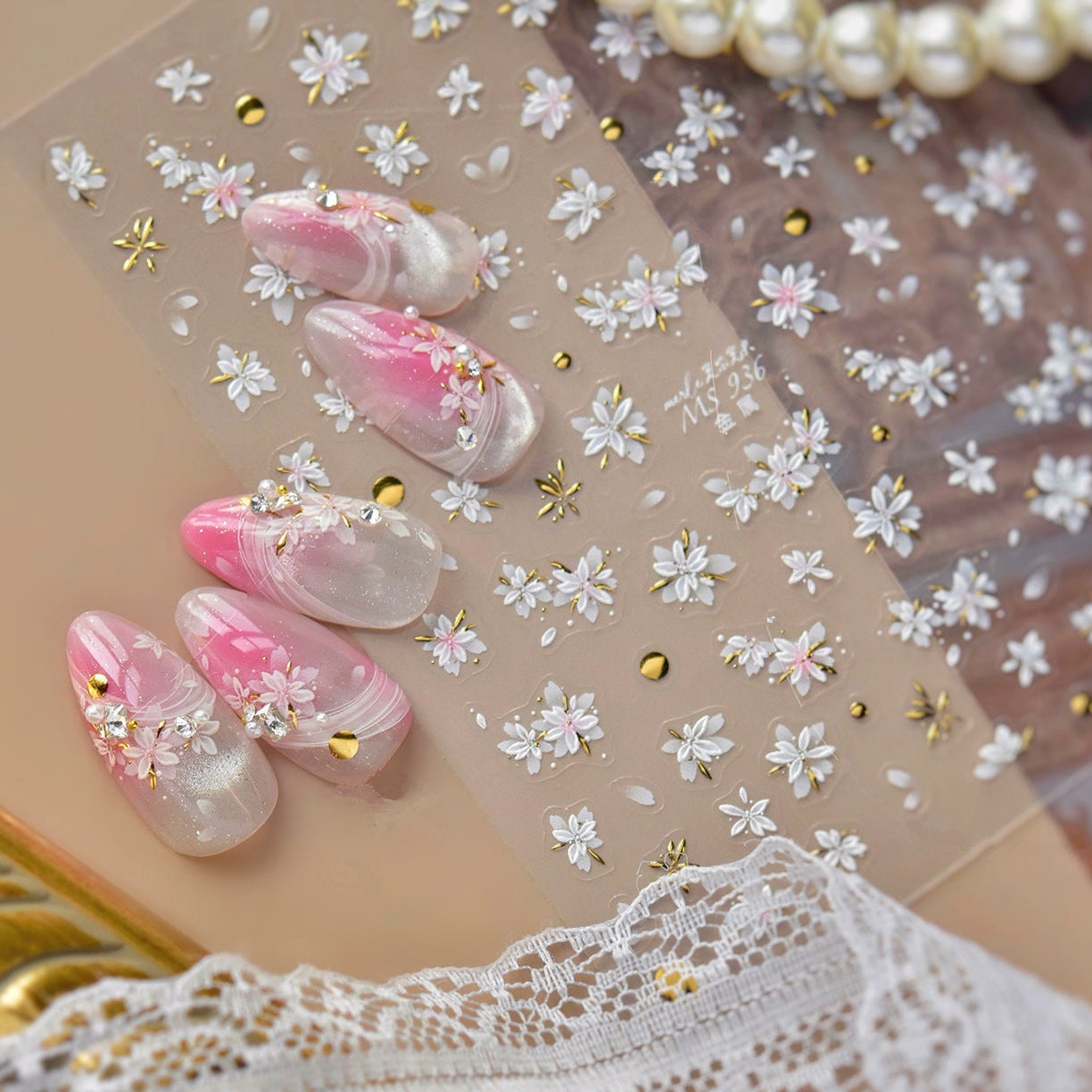 3D White Cherry Blossom & Gold Nail Stickers