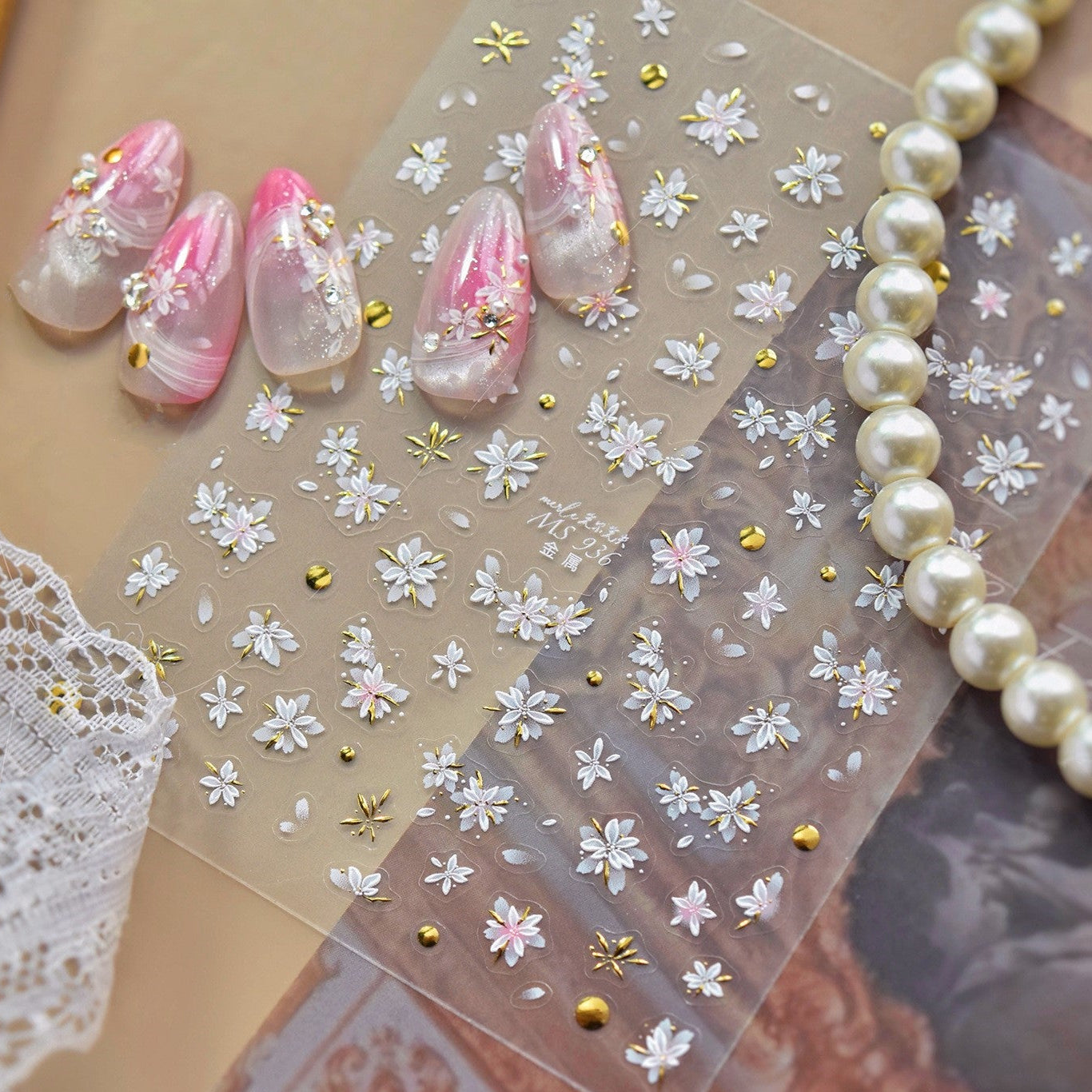 3D White Cherry Blossom & Gold Nail Stickers