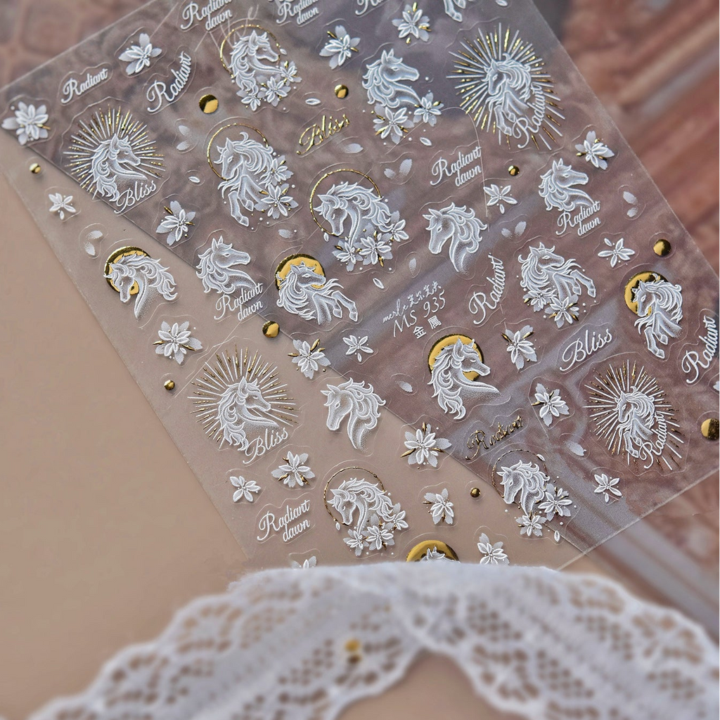 3D White Cherry Blossom & Gold Nail Stickers