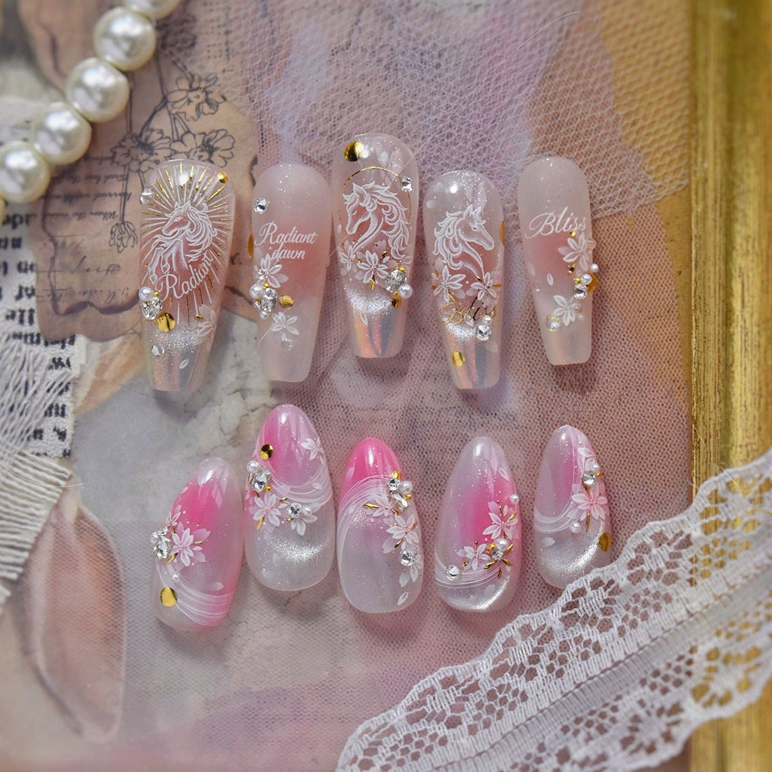 3D White Cherry Blossom & Gold Nail Stickers