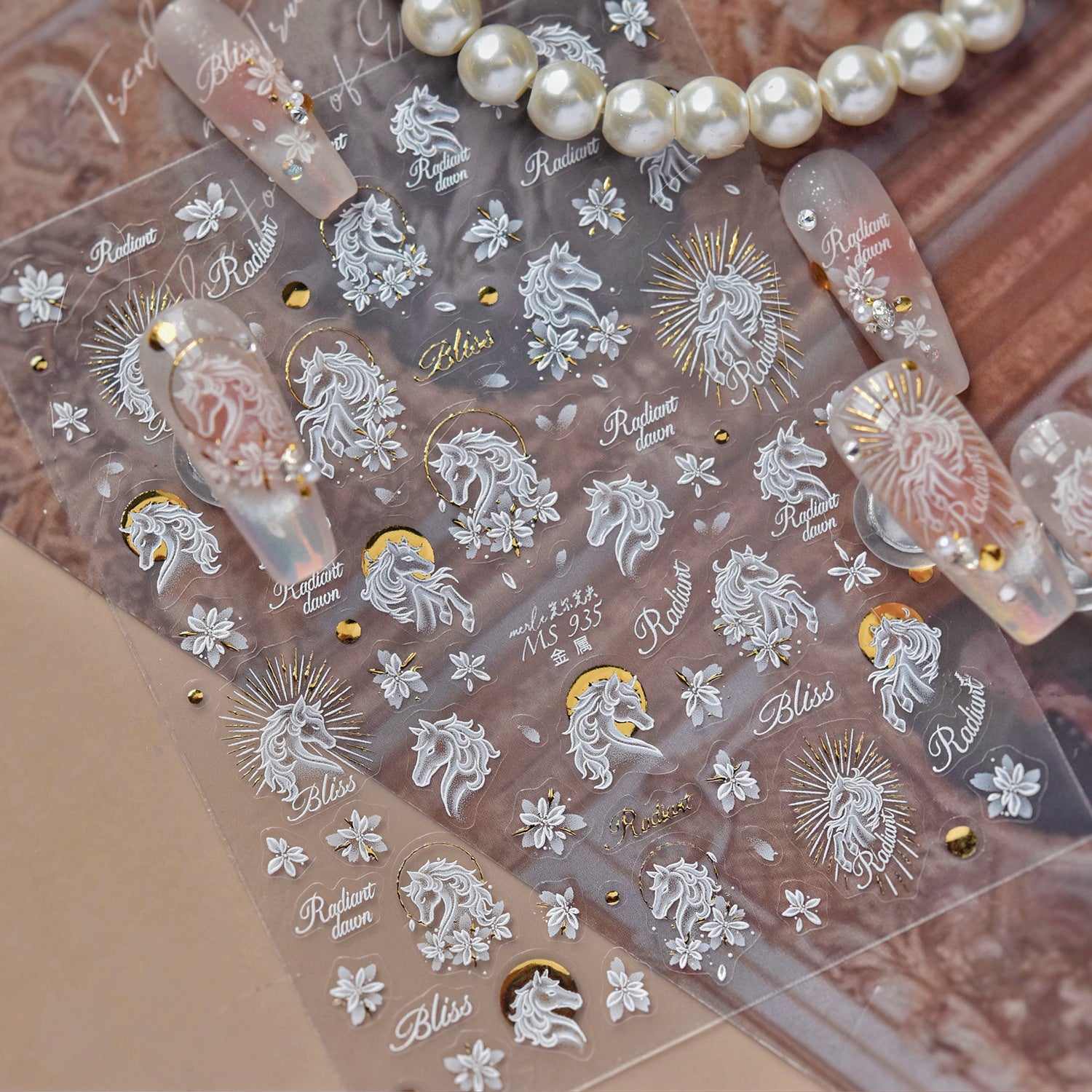 3D White Cherry Blossom & Gold Nail Stickers