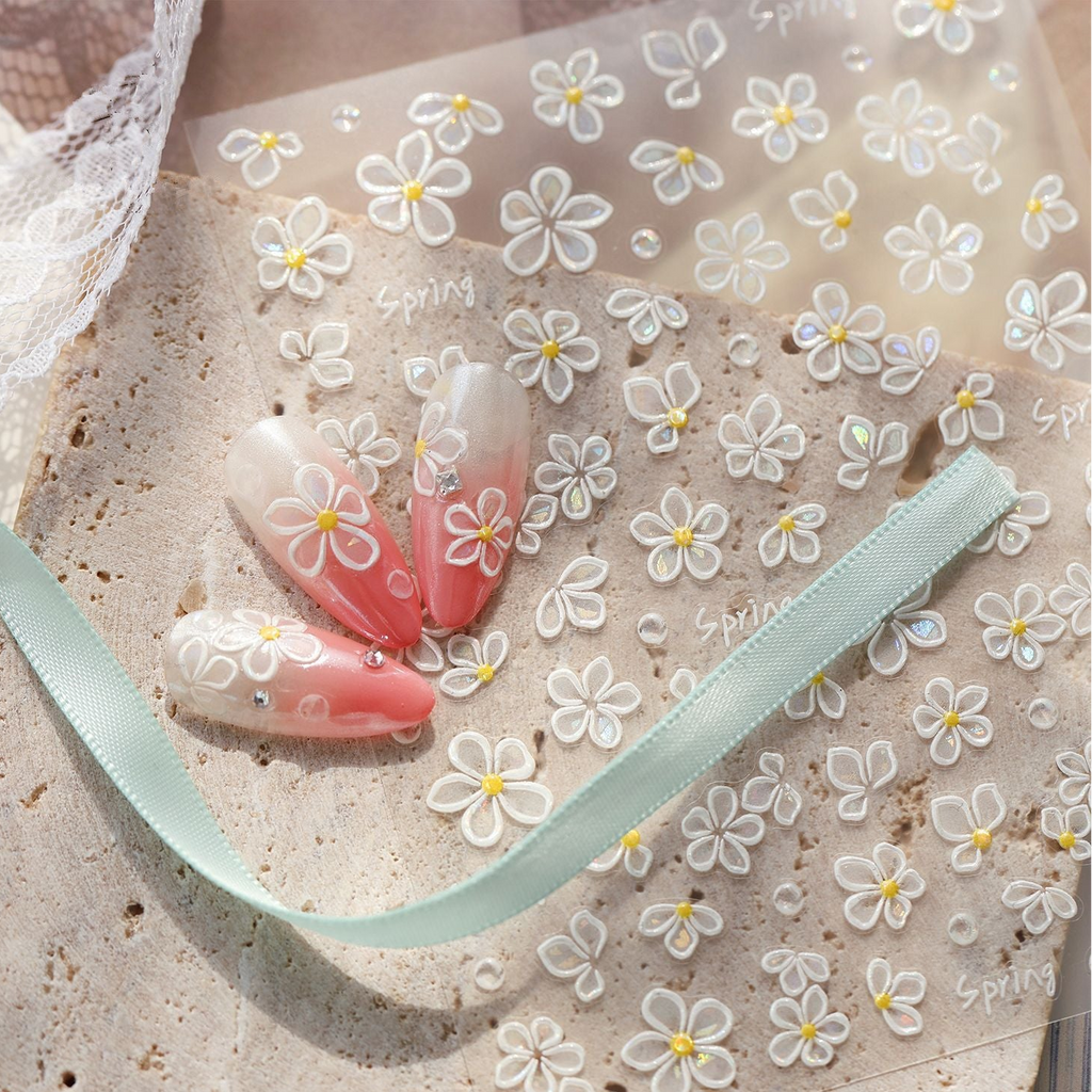 3D White Daisy Nail Stickers - Spring Flower Decals 1383