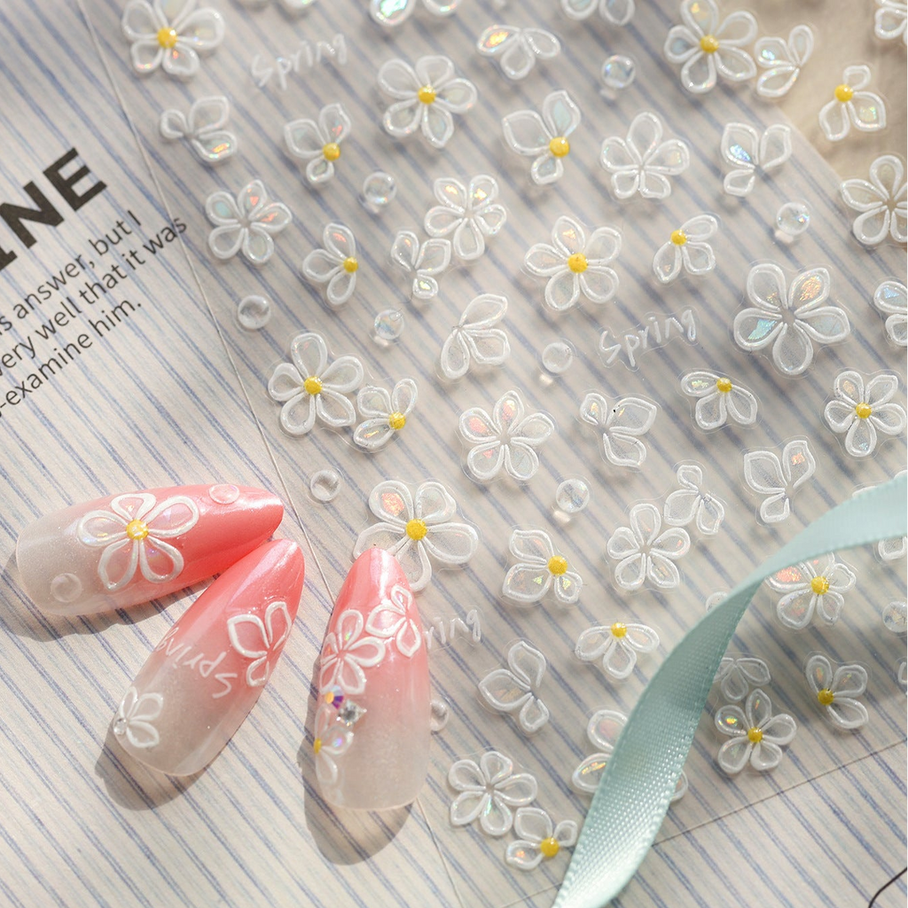 3D White Daisy Nail Stickers - Spring Flower Decals 1383