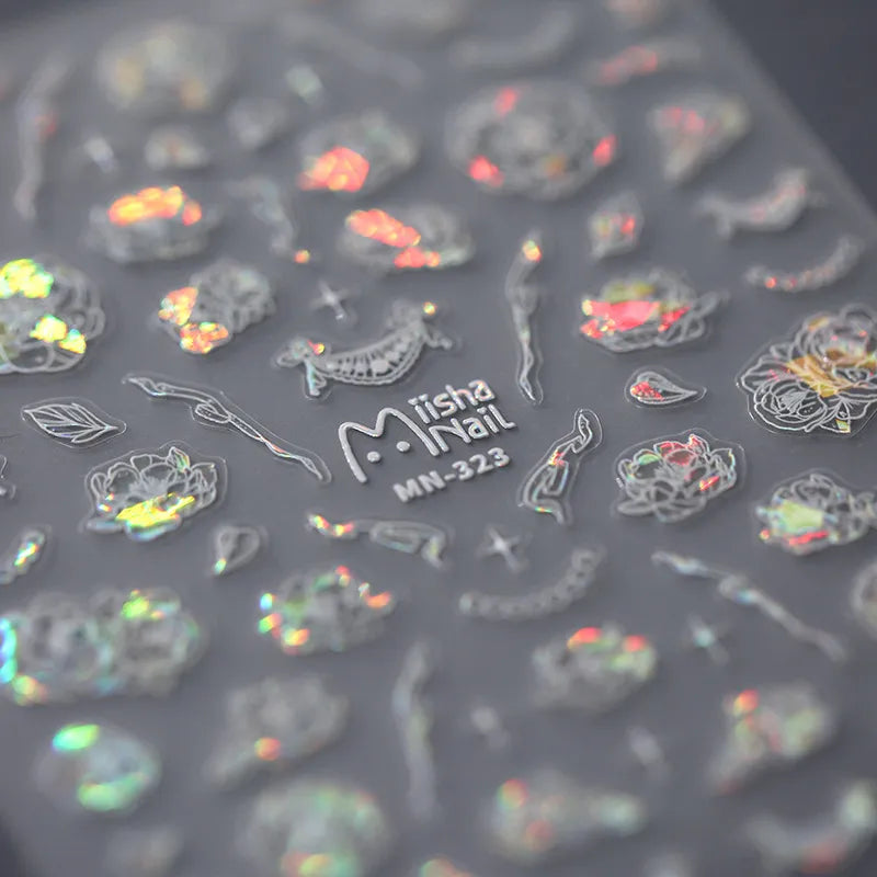 3D White Flower Tail Nail Stickers – Ultra-Thin Aurora Light Nail Art Decals 