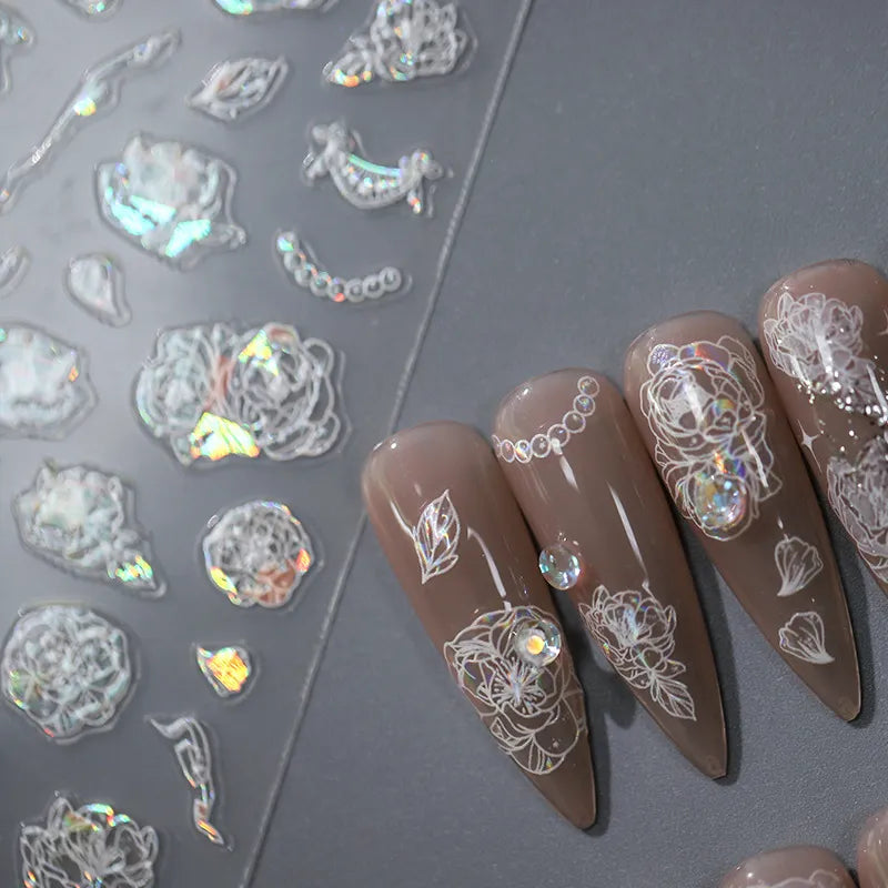 3D White Flower Tail Nail Stickers – Ultra-Thin Aurora Light Nail Art Decals 