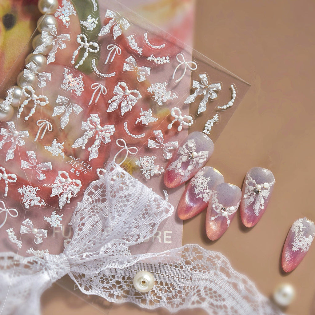 3D White Lace Bow & Pearl Nail Stickers MS916