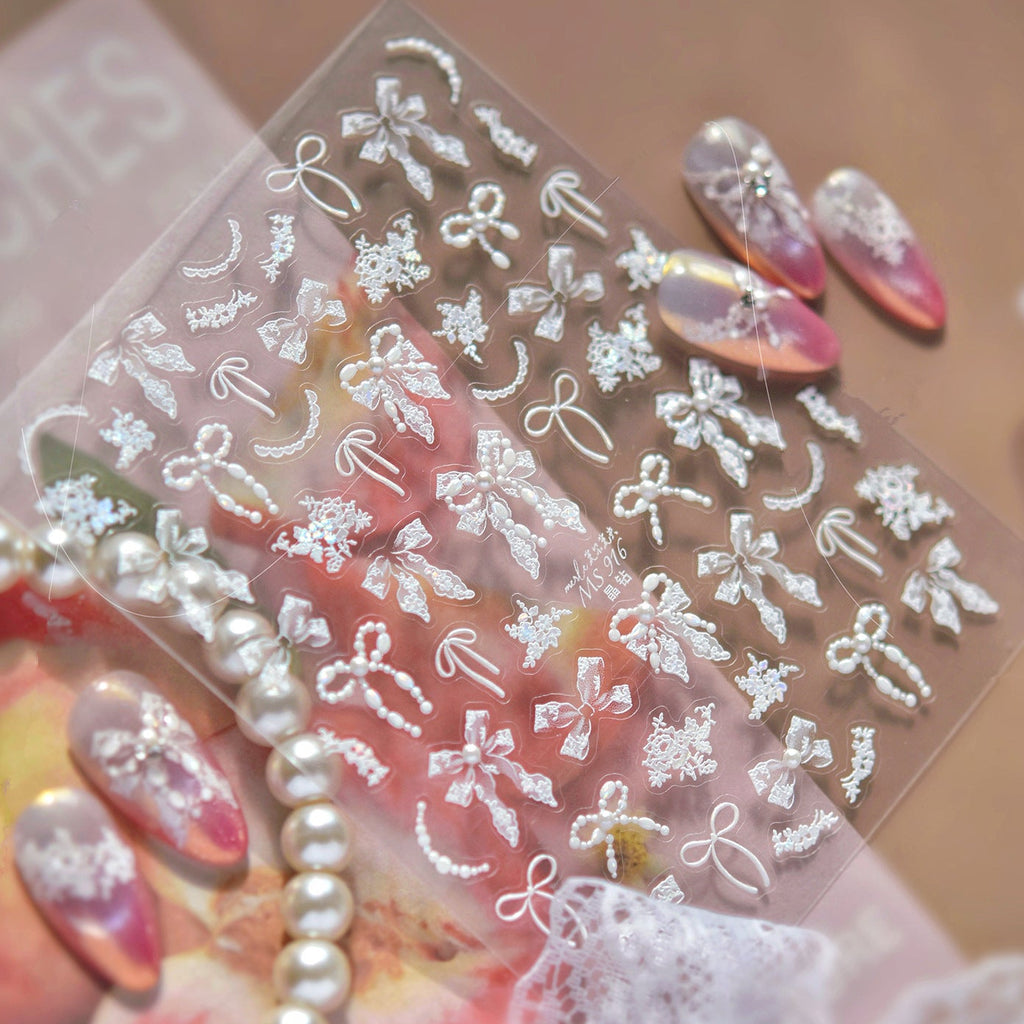 3D White Lace Bow & Pearl Nail Stickers MS916