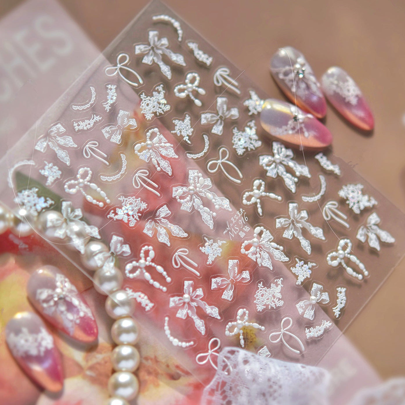 3D White Lace Bow & Pearl Nail Stickers MS916