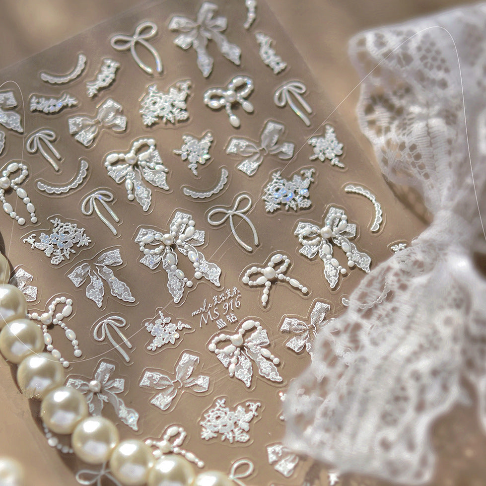 3D White Lace Bow & Pearl Nail Stickers MS916