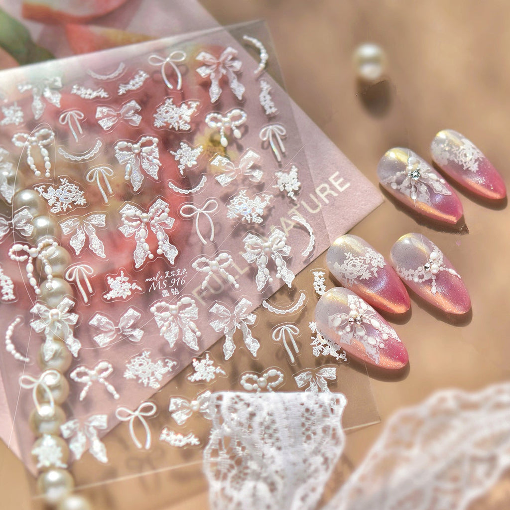 3D White Lace Bow & Pearl Nail Stickers MS916