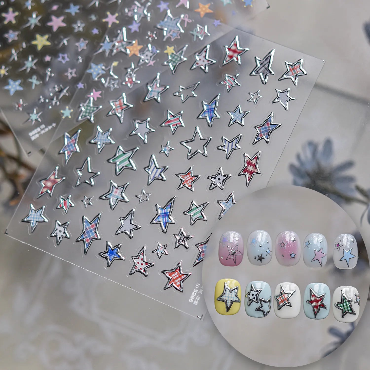 3D Y2K Star Nail Art Stickers - Silver Chrome & Colorful Kawaii Decals