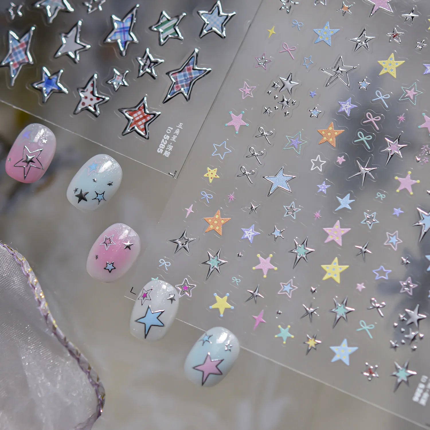 3D Y2K Star Nail Art Stickers - Silver Chrome & Colorful Kawaii Decals
