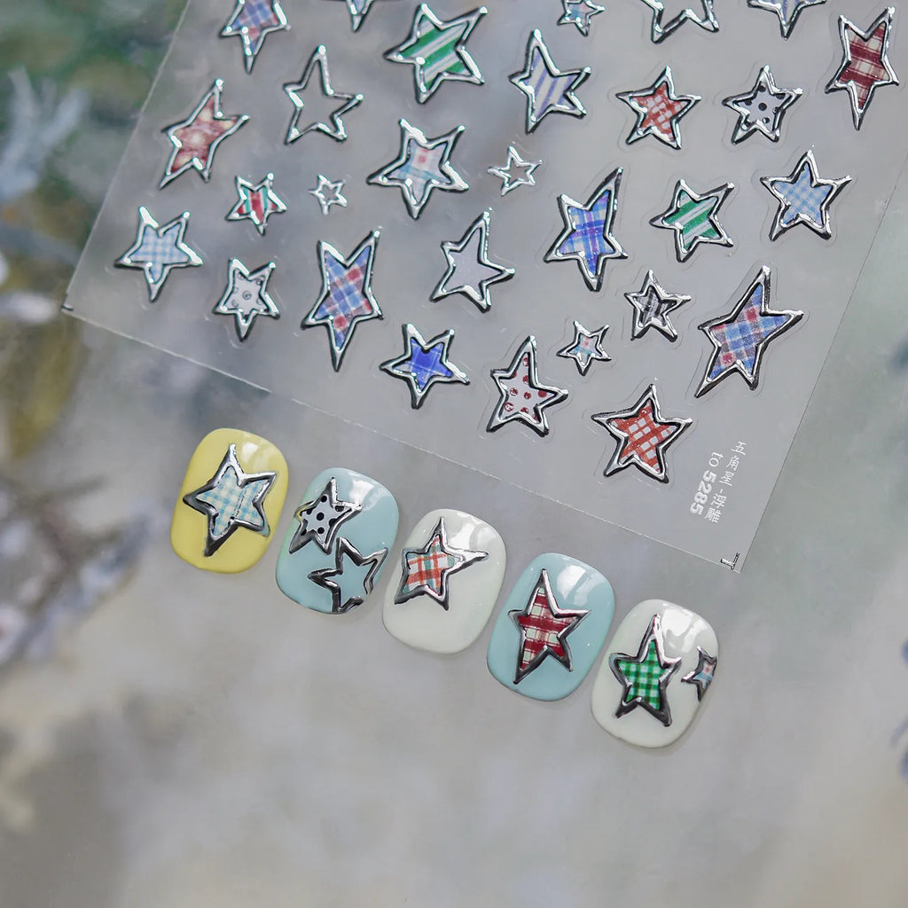 3D Y2K Star Nail Art Stickers - Silver Chrome & Colorful Kawaii Decals