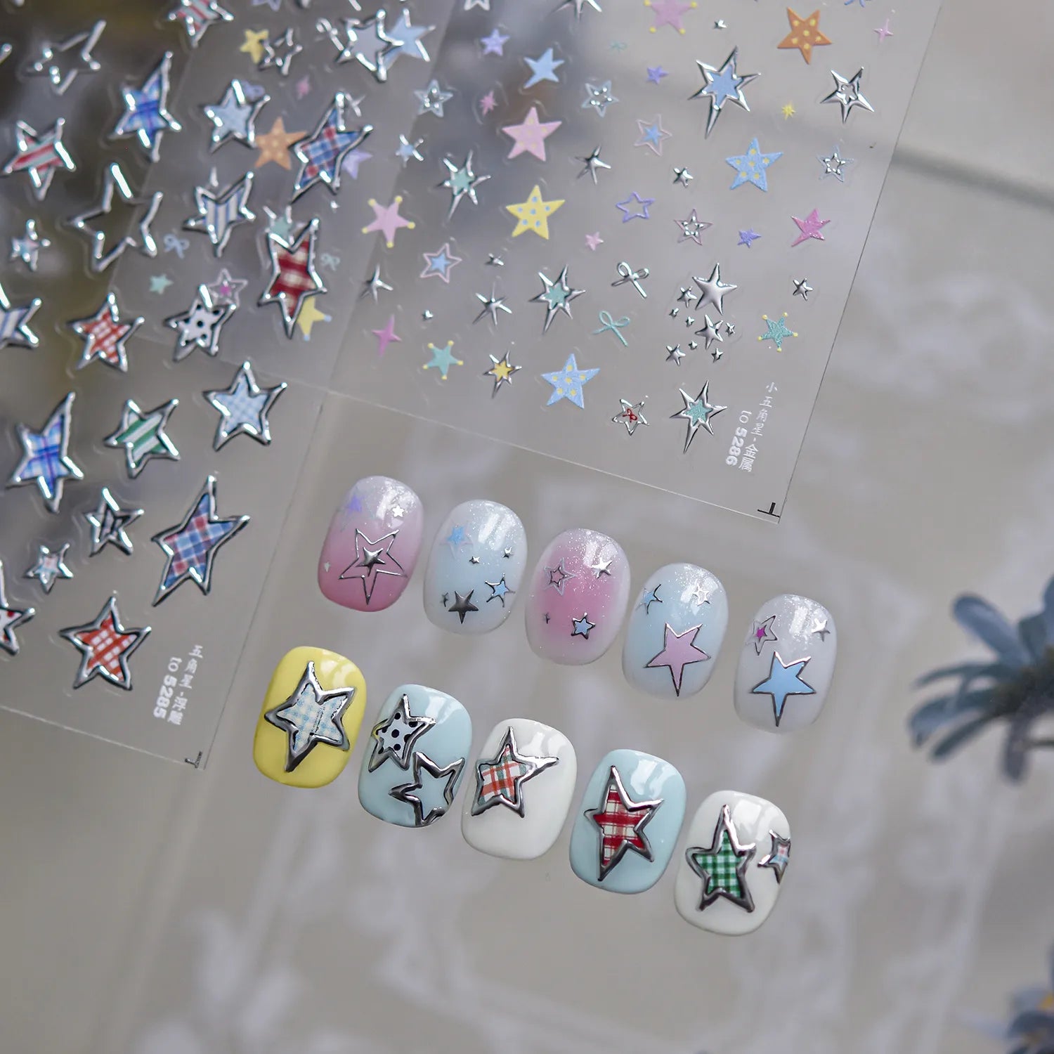 3D Y2K Star Nail Art Stickers - Silver Chrome & Colorful Kawaii Decals