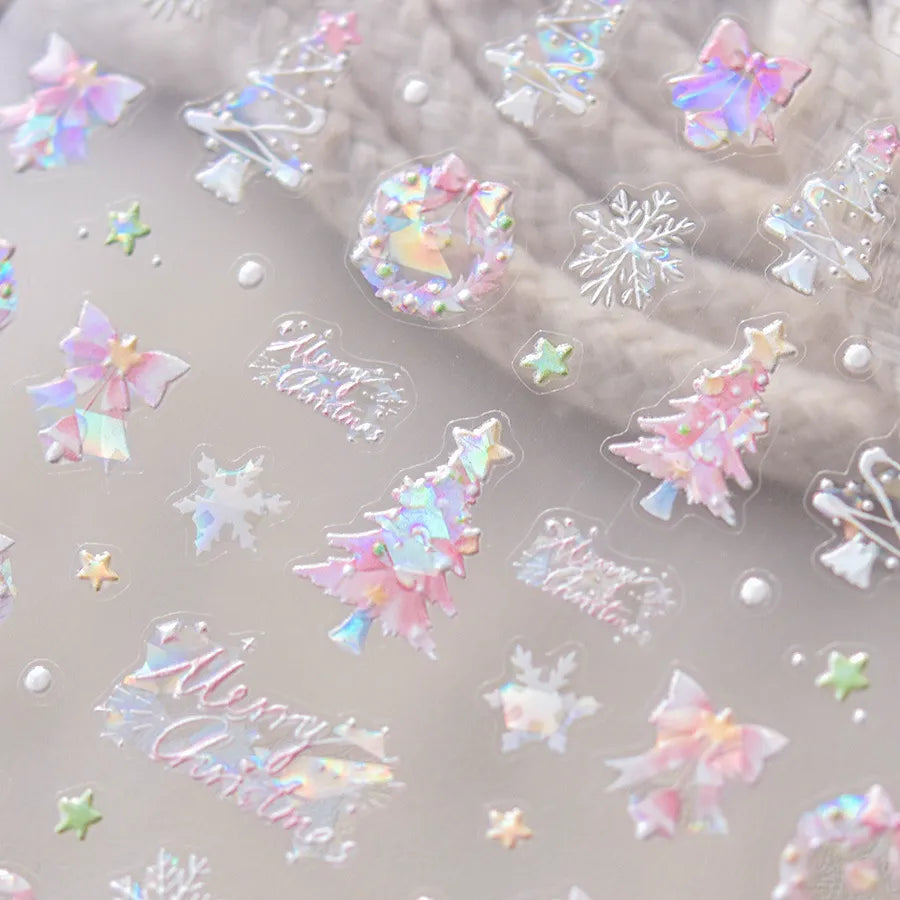 Holographic Christmas Nail Art Stickers - Pink & White Bow Bell Festive Decals to3606