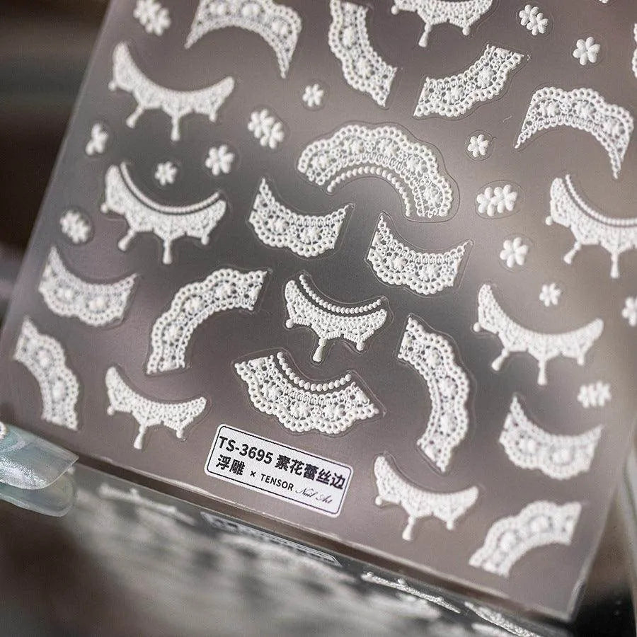 Bridal Lace Nail Art Stickers Adhesive Embossed White Bow Knot Ribbon Sticker Decals TS3694