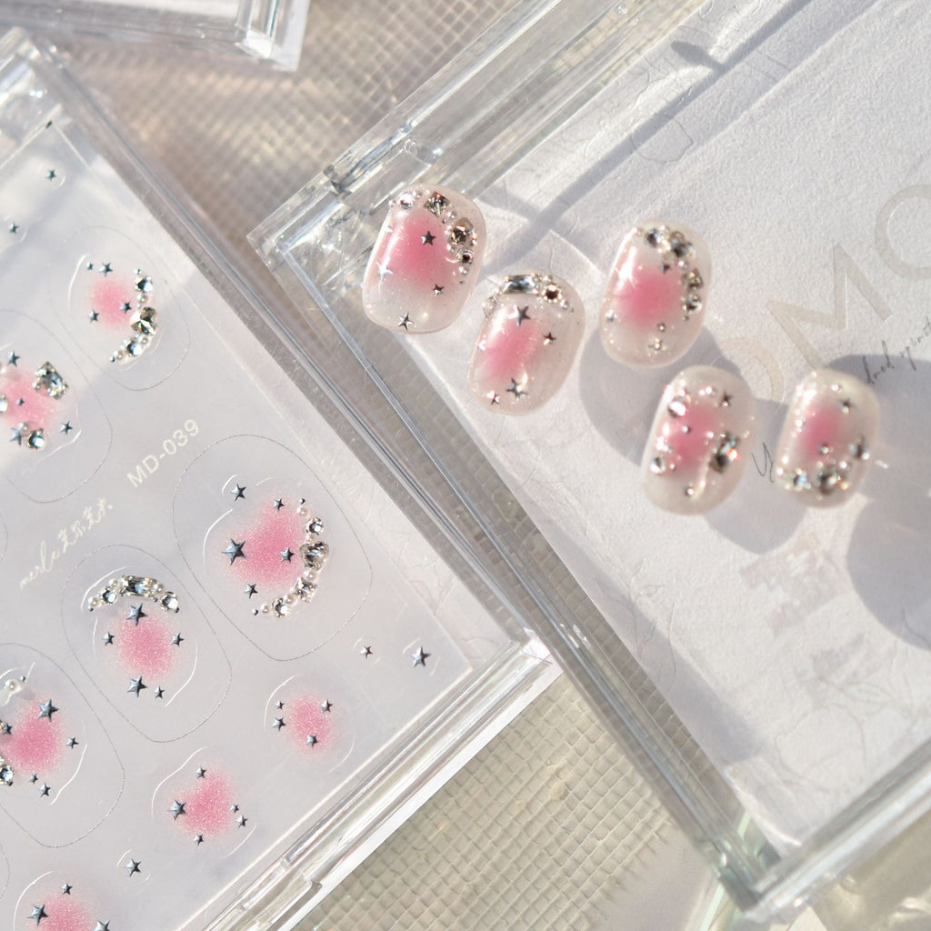 Pink Blush & Star Rhinestone Nail Stickers – Pre-Arranged Self-Adhesive Nail Gems MD039