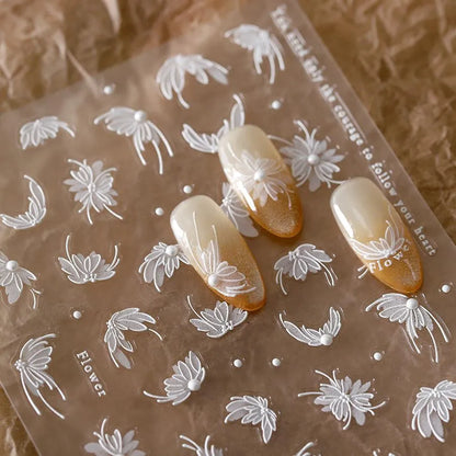 White Lily Nail Art Stickers Adhesive Embossed Lily Flower with Beads Sticker Decals TL154