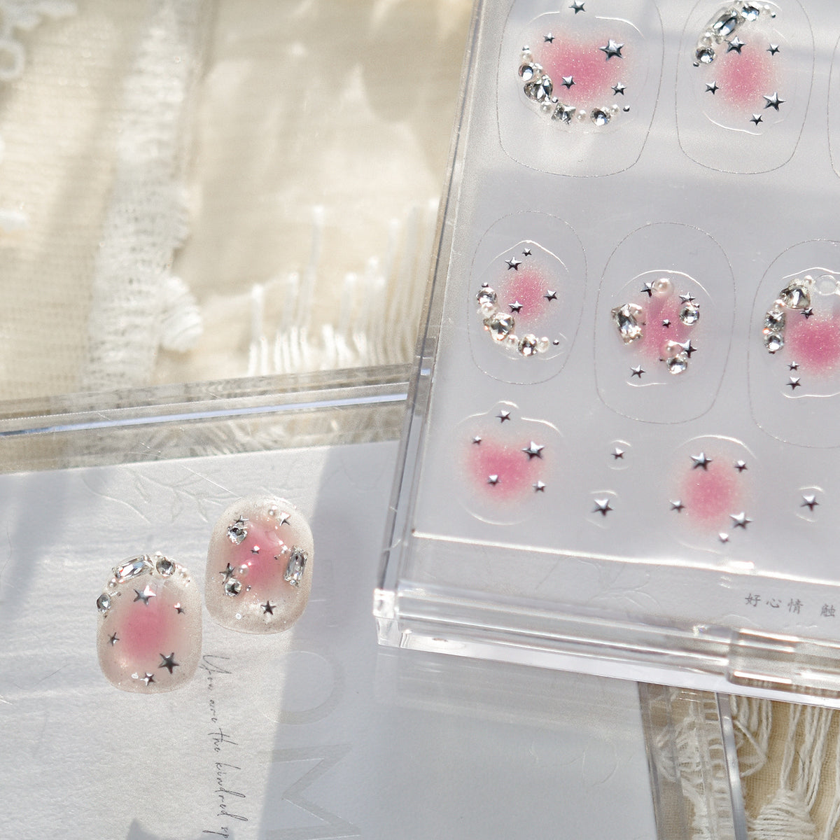 Pink Blush & Star Rhinestone Nail Stickers – Pre-Arranged Self-Adhesive Nail Gems MD039