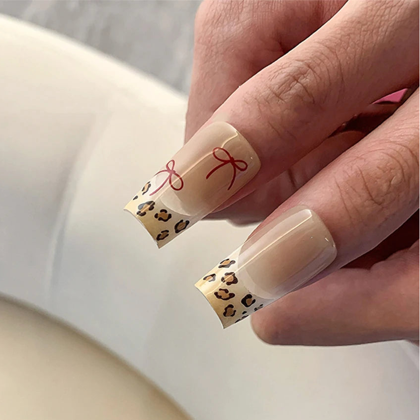 Nail Art Stickers Pink Leopard Bowknot Adhesive Sticker Decals MS690