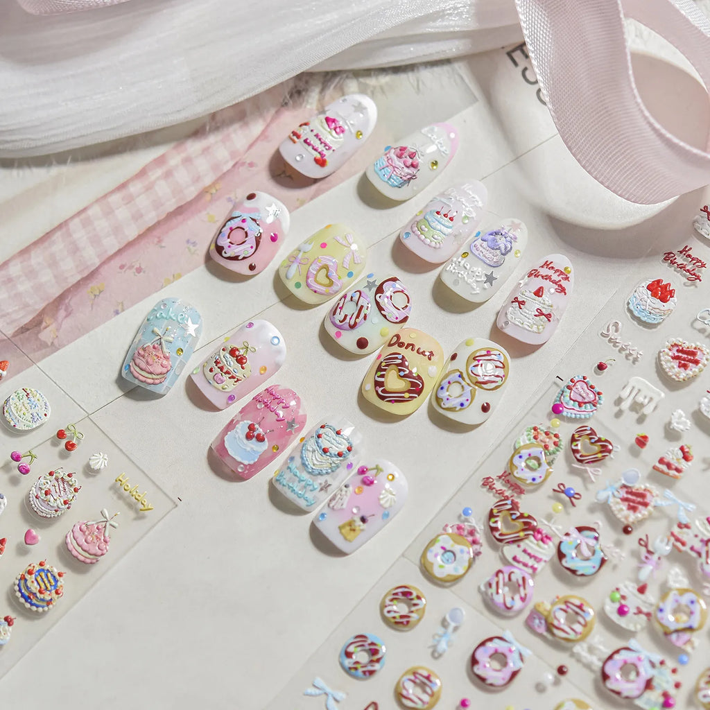 3D Kawaii Nail Stickers – Cute Birthday Cake, Donut & Sweet Treat Designs
