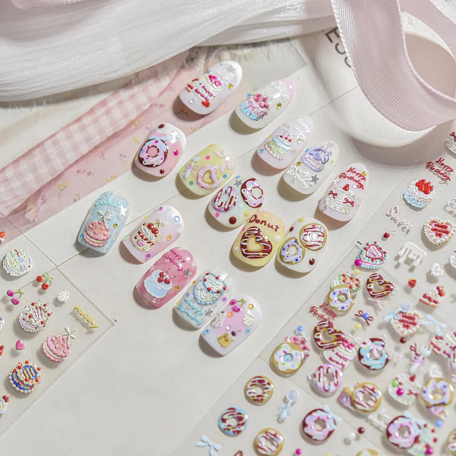 3D Kawaii Nail Stickers – Cute Birthday Cake, Donut & Sweet Treat Designs