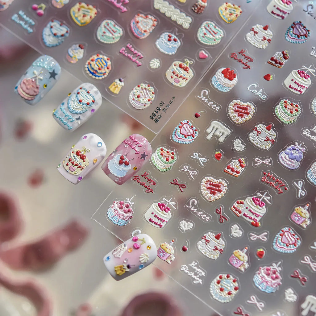 3D Kawaii Nail Stickers – Cute Birthday Cake, Donut & Sweet Treat Designs